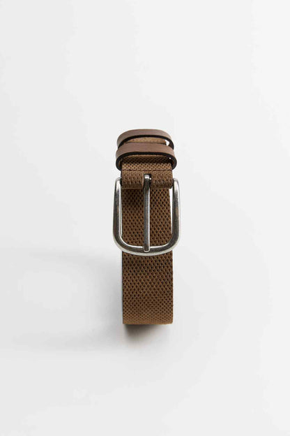 Mango beige-brown perforated leather belt, rectangular buckle with keeper