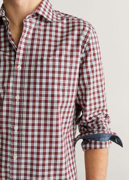 MANGO red/white/navy plaid button-up shirt, close-up collar and front placket