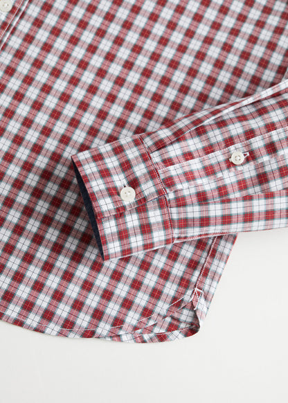 MANGO red/white/navy plaid button-up shirt, cuff buttons and rolled sleeve detail