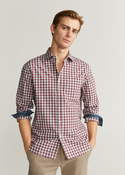 MANGO red/white/navy plaid button-up shirt, roll-up sleeves, chest pocket