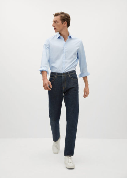 Dark blue denim jeans, straight leg fit with button fly