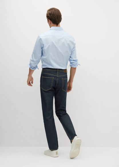 Dark blue denim jeans with back yoke seams and straight leg