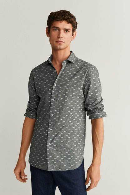 Men's gray button-up shirt with small white pattern, long sleeves
