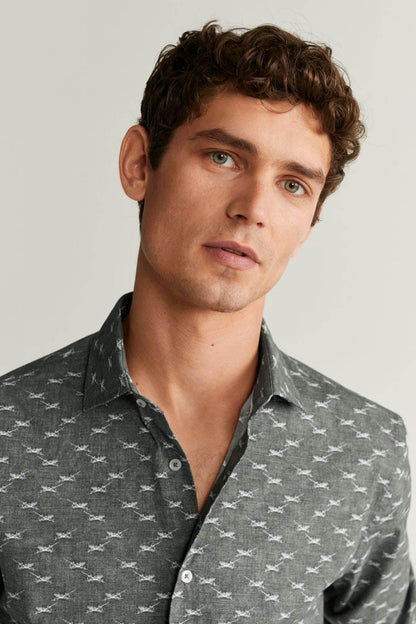 Men's patterned button-up shirt collar detail, gray with small white print