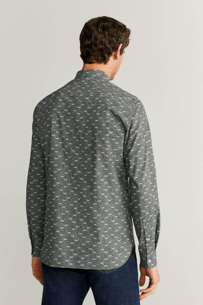 Men's gray button-up shirt with small white pattern, back view, long sleeves