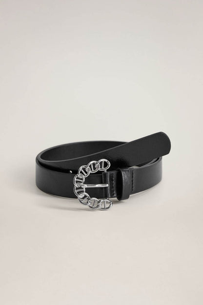Black leather belt with silver chain-link buckle and metal bar