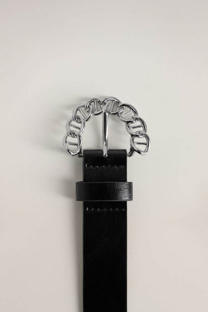 Black leather belt with silver chain-link buckle and metal prong