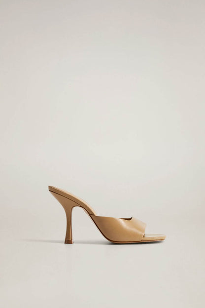 Brown heeled mule sandals with open toe and low block heel