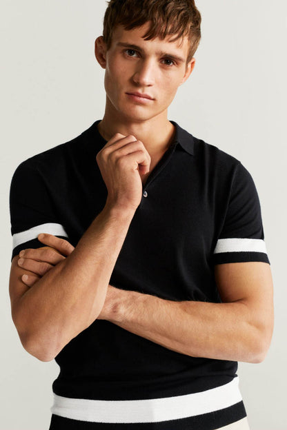 MANGO black polo shirt with buttoned collar and white striped cuffs