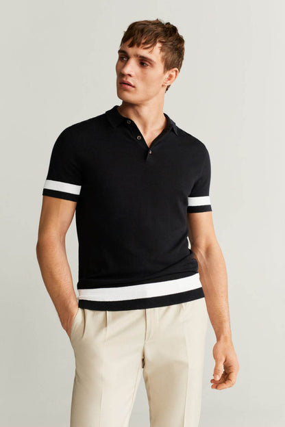 MANGO black polo shirt with white striped cuffs and hem