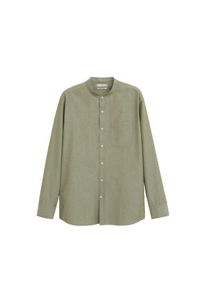 Khaki button-up shirt with button placket and chest pocket
