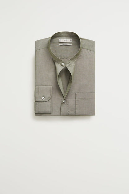 Khaki button-up shirt, point collar, chest pocket, long sleeves