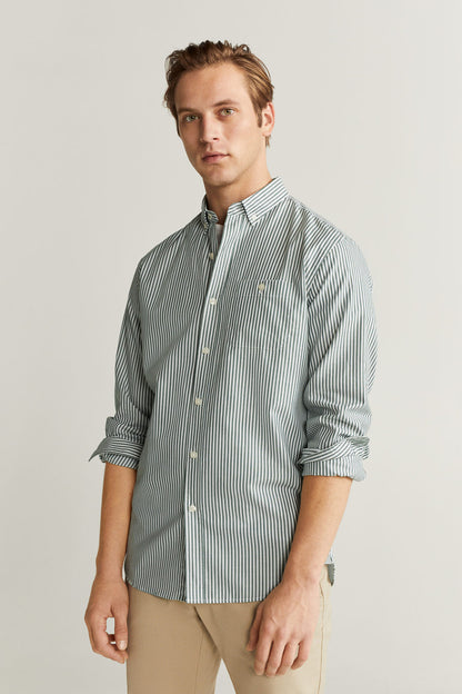 Striped button-up shirt with long sleeves and button front, light blue and white