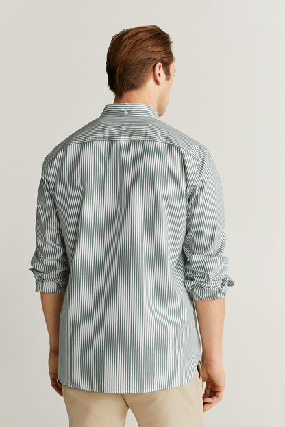 Striped button-up shirt back view with long sleeves and button placket, light blue and white