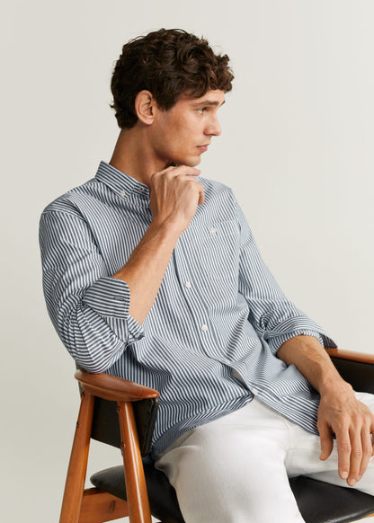MANGO dark navy striped button-up shirt with button-down collar and chest pocket