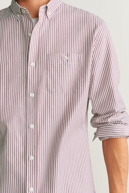 Pink-and-white striped button-up shirt with chest pocket and buttoned cuff