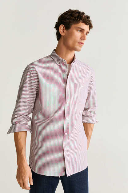 Pink-and-white striped button-up shirt with button front and collar