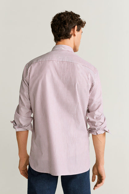 Pink-and-white striped button-up shirt, back view with yoke and sleeves