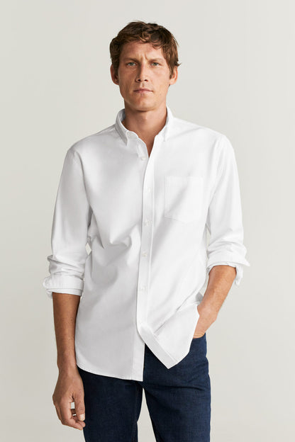 Men's white button-up shirt with pointed collar and front button placket, chest pocket