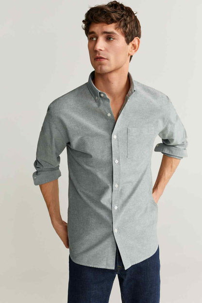 Men's gray button-up shirt, long sleeves, button-down collar