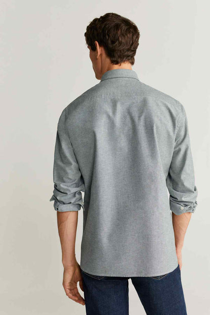 Men's gray button-up shirt, back view, long sleeves
