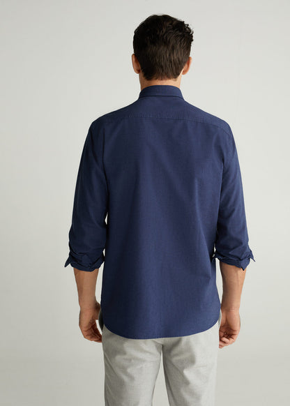 Men's dark navy button-up shirt, back view, long sleeves