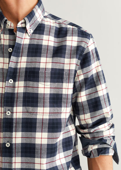 MANGO plaid button-up shirt close-up, navy, white and red grid, visible front buttons