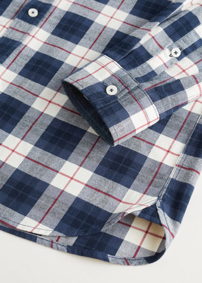 MANGO plaid shirt cuff detail in dark navy with white and red lines, long sleeves