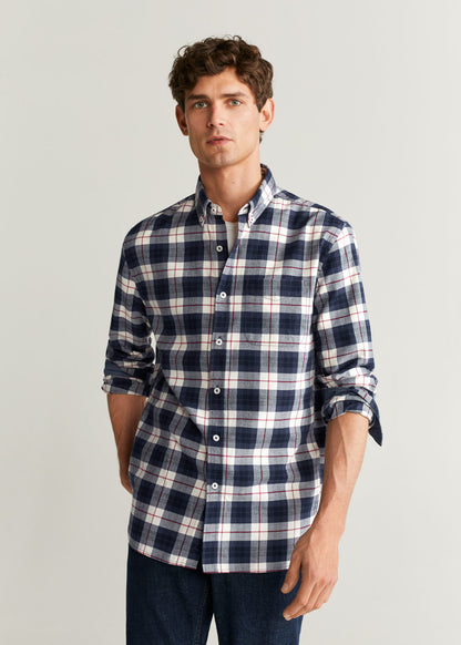 MANGO men's plaid button-up shirt, dark navy with white and red grid, long sleeves