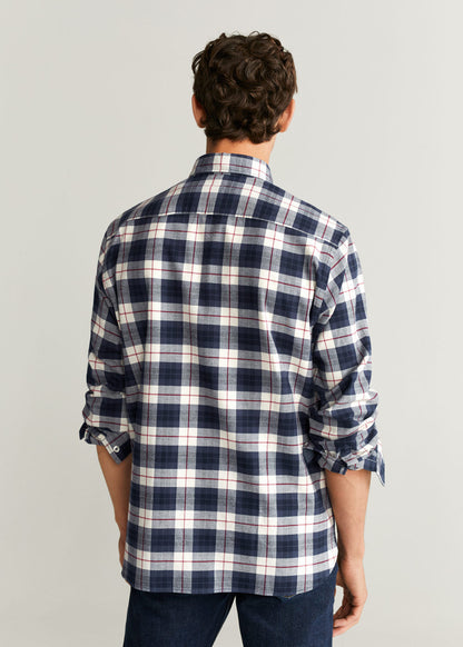 MANGO men's plaid button-up shirt, back view in dark navy with white and red grid