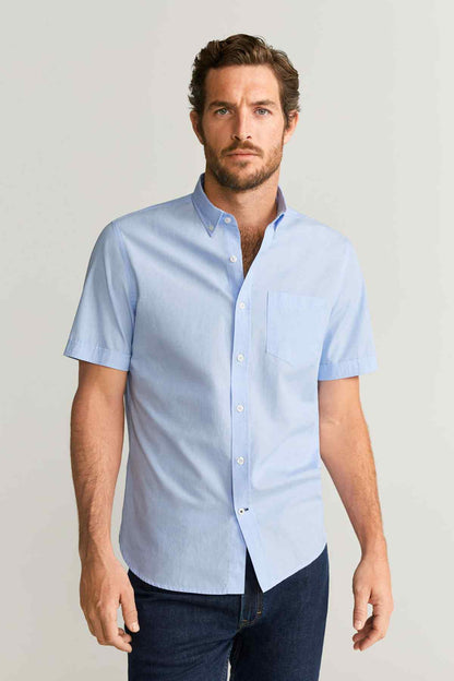 Men's light blue short-sleeve button-up shirt with chest pocket
