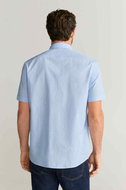 Men's light blue short-sleeve button-up shirt, back view