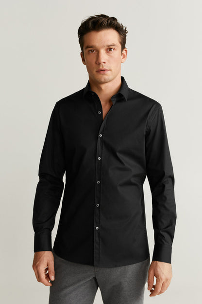 Men's black button-up shirt with long sleeves and button front