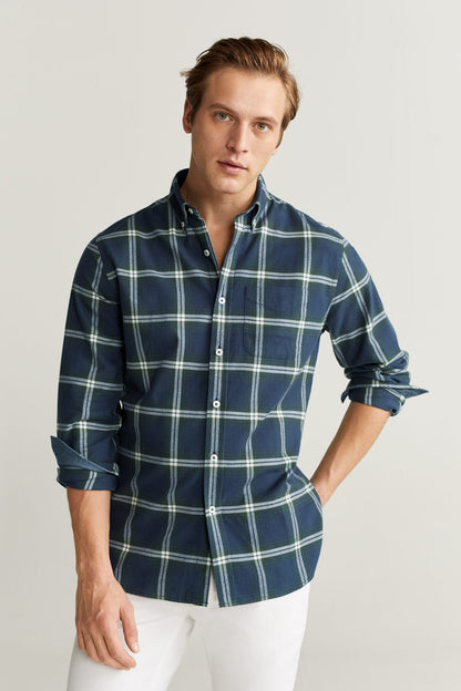Men's navy plaid button-up shirt with chest pocket and button front