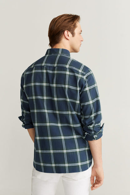 Men's navy plaid button-up shirt, back and side view, long sleeves