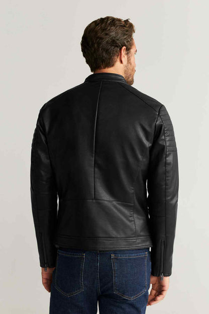 Men's black leather biker jacket back view with full-length zip and seams