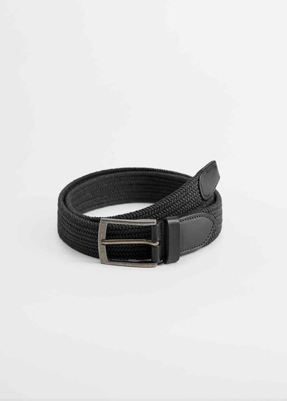 Black woven belt with metal buckle and leather strap end