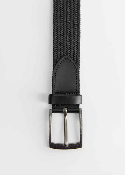 Woven black belt with leather keeper and silver-tone metal buckle