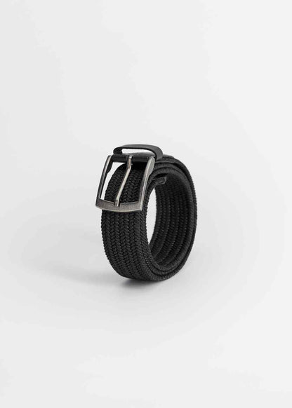 Black woven belt with rectangular metal buckle and leather tab