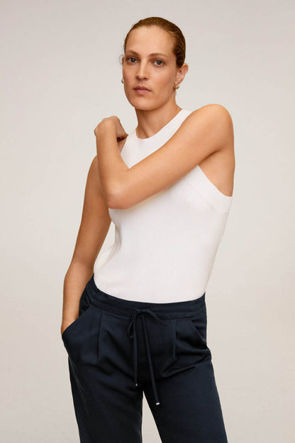 Navy cropped jogger pants front view with drawstring waist and cuffed hem