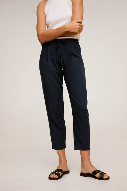 Navy cropped jogger pants with drawstring waist and elastic cuffs