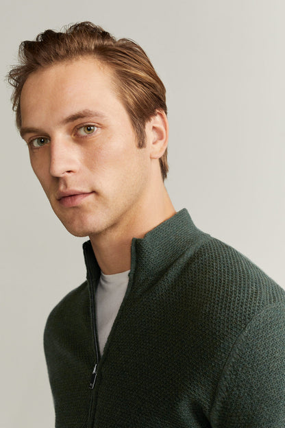 MANGO dark green zip-up knit jacket close-up of collar and zipper