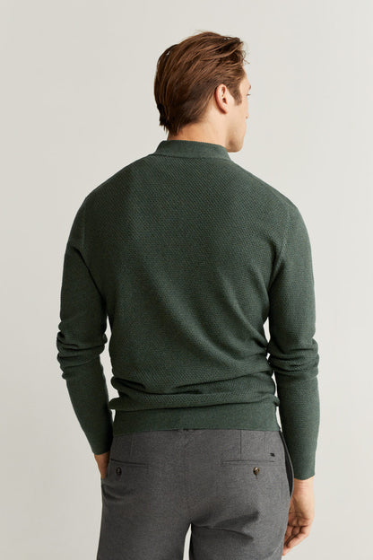MANGO dark green zip-up knit jacket, back view