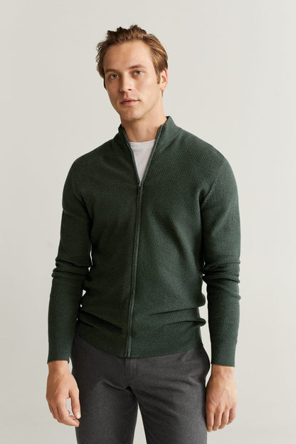 MANGO dark green zip-up knit jacket with stand collar and long sleeves
