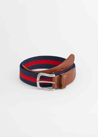 MANGO blue, red striped fabric belt with brown leather end and silver buckle