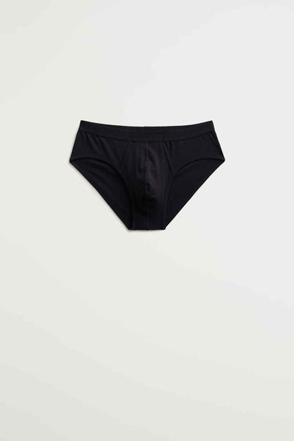 Black hipster briefs, front view, elastic waistband