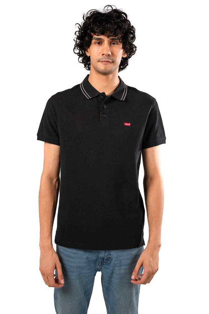 Levi's black polo shirt with button placket, striped collar, small chest logo