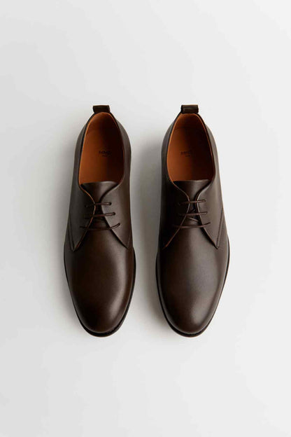MANGO brown leather lace-up shoes, front view with tan lining and lace-up closure