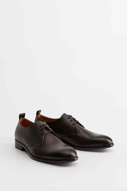 MANGO brown leather lace-up dress shoes, front angle showing laces and low block heel