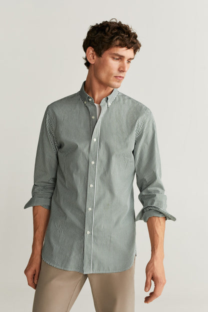 Men's small check button-down shirt, long sleeves with button cuffs, front view